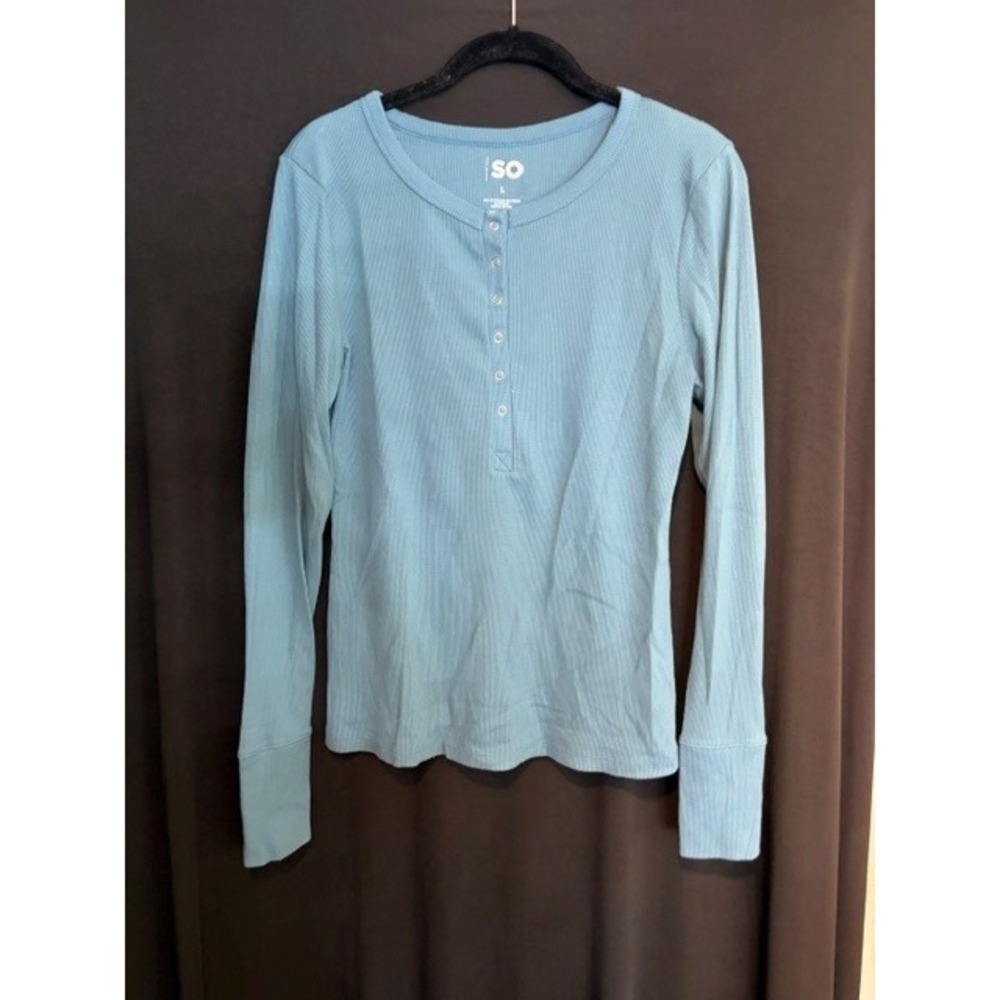 Women's Light Blue So Ribbed Henley Long Sleeve Shirt Size L